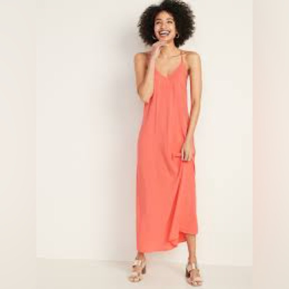 Old Navy Coral Orange V-neck Maxi Slip Dress Strappy Back Size S